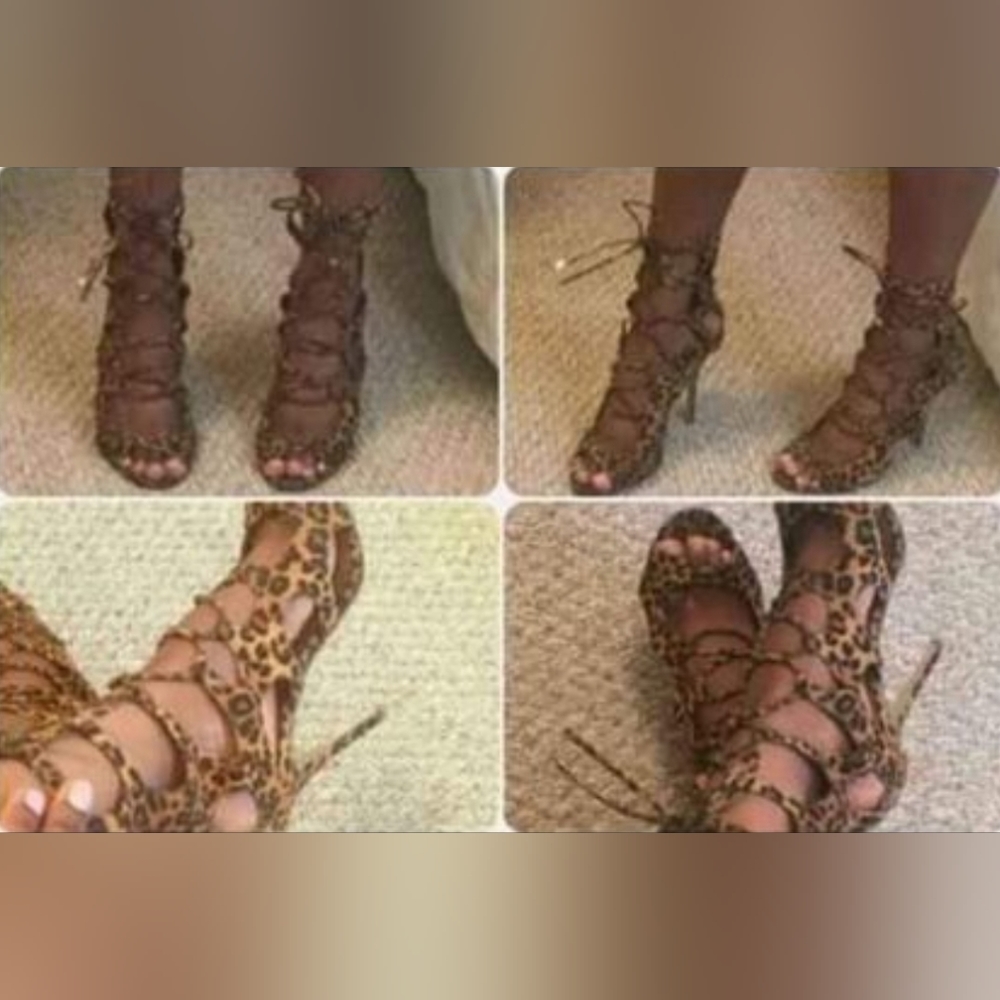 Breckelles Roma-61 Lace-Up Gladiator Peep Toe High Heel: Leopard Suede, Size 5.5